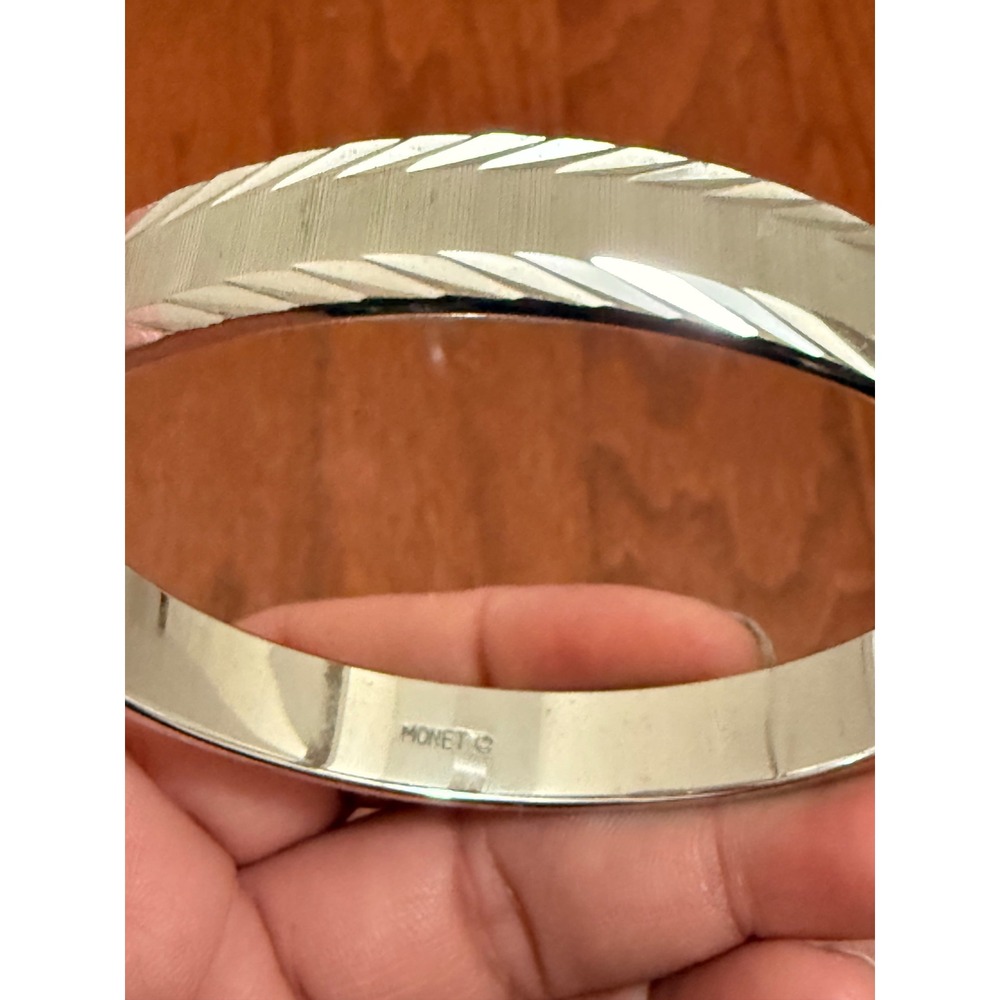 Vintage Monet Silver Tone Bangle Bracelet Textured Etched‎ Satin Finish Signed